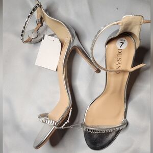 DUSANO Silver Rhinestone Studded Ankle Strap Heels. Sz 7.  NEW. Org $348